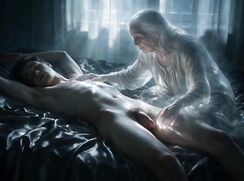 AI Young guy is jerked off by a elderly ghost lady