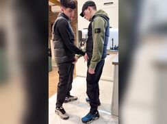 Two friends jerk off on tracksuits