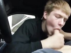 Ginger Gives Shaved Cock A BJ In Car