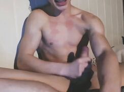 College Lad Muscular Red Lips Glasses  wanks off his hung cock - AI Enhanced