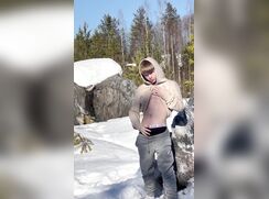 Twink masturbates in the snow